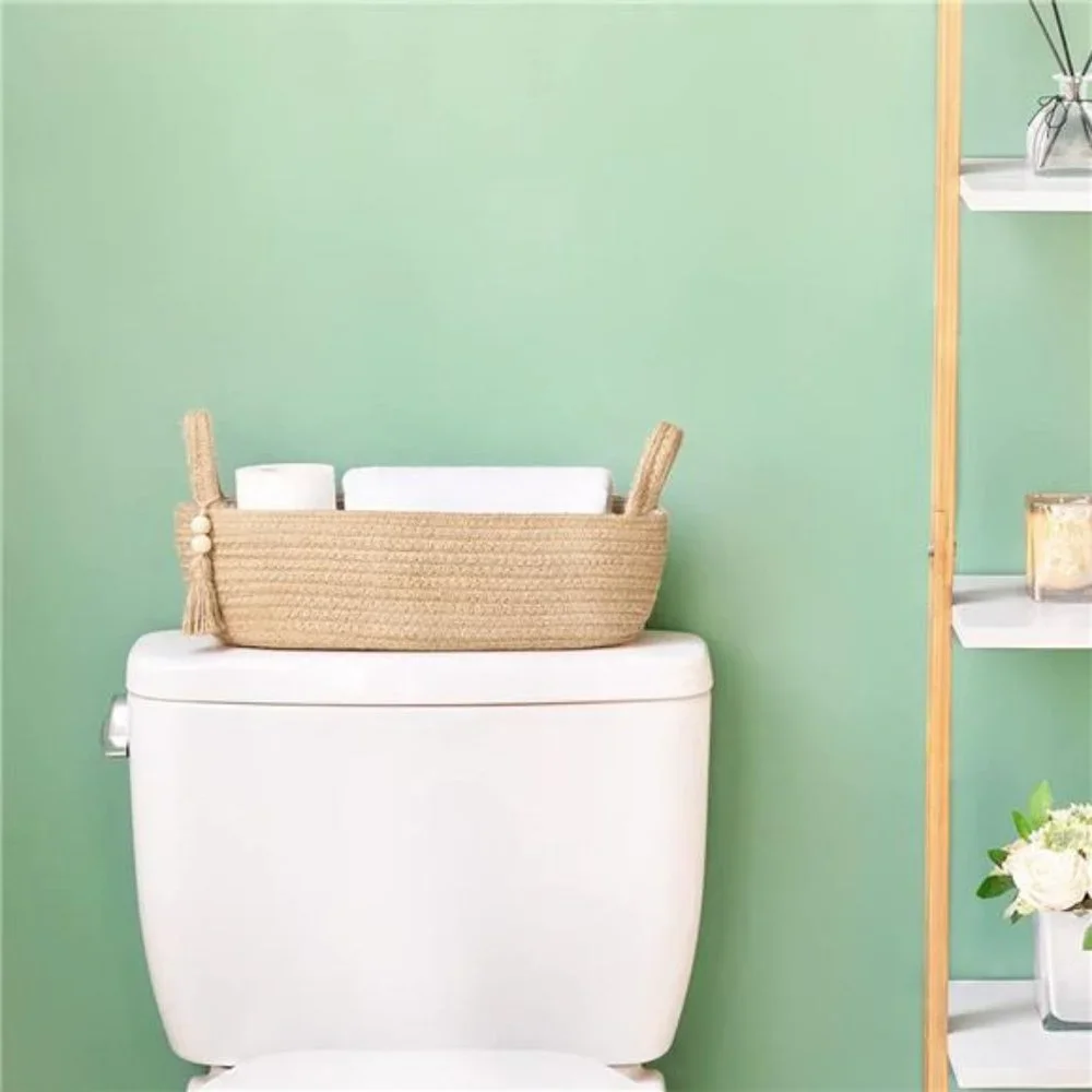 Small Woven Storage Basket for Toilet Tank Top Boho Bathroom Decor, 1 Pack